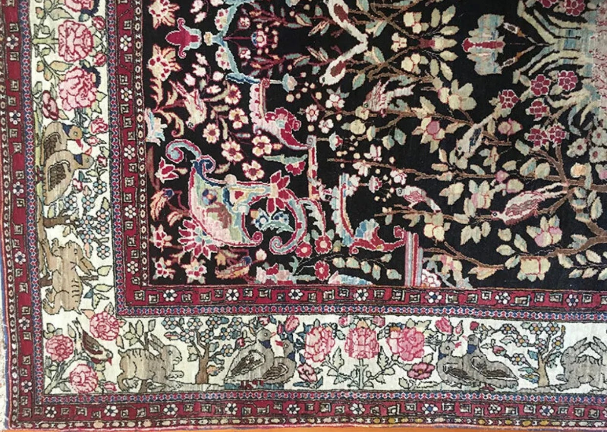 An Unpublished Black Ground Antique Persian Pictorial Isfahan Rug