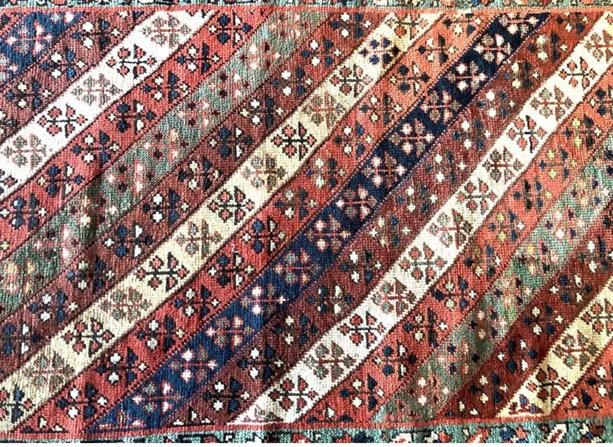 A Stunning Caucasian Gendjje 13’ Long Hallway Runner rug With. Striped Pattern”
