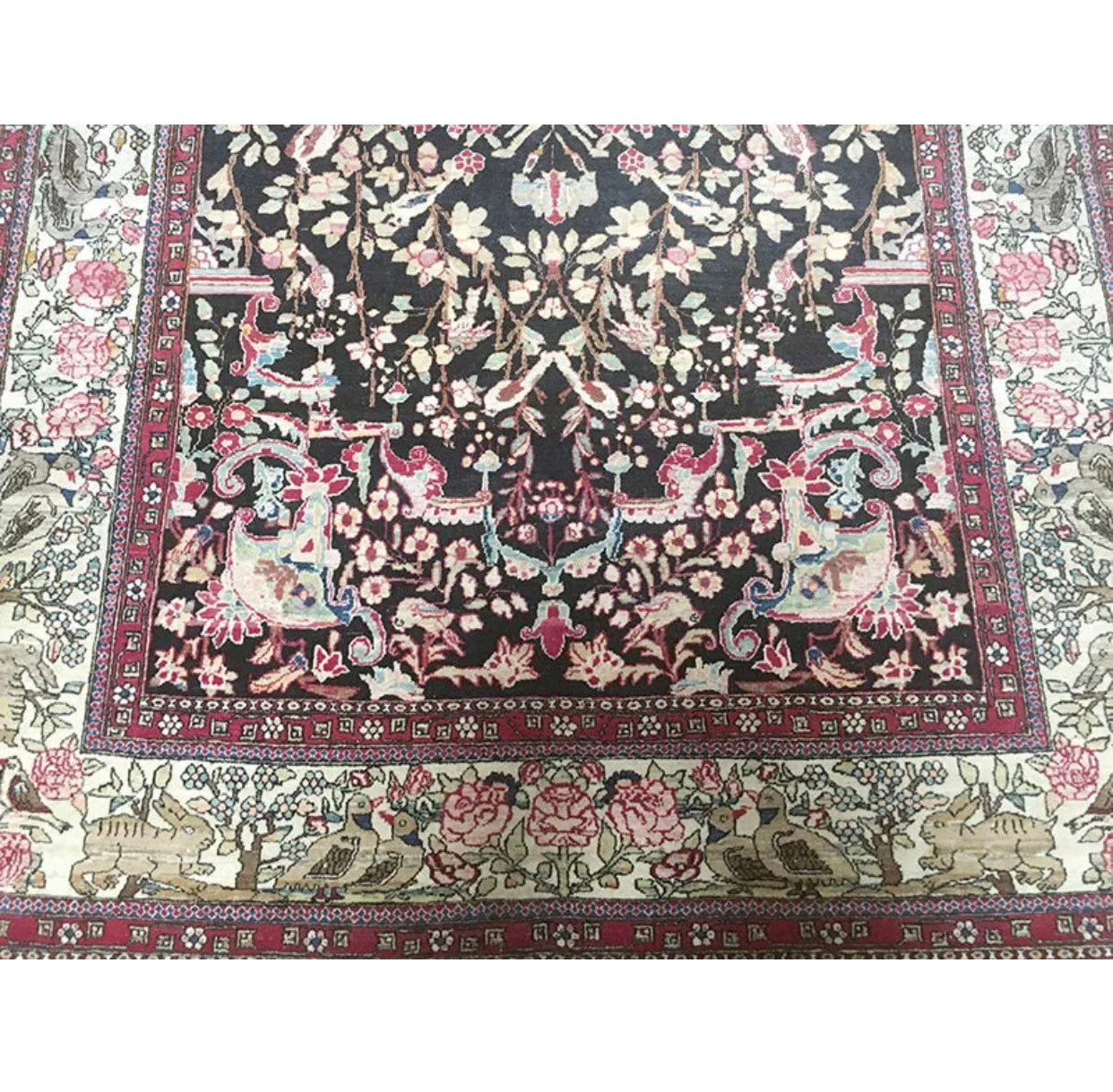 An Unpublished Black Ground Antique Persian Pictorial Isfahan Rug