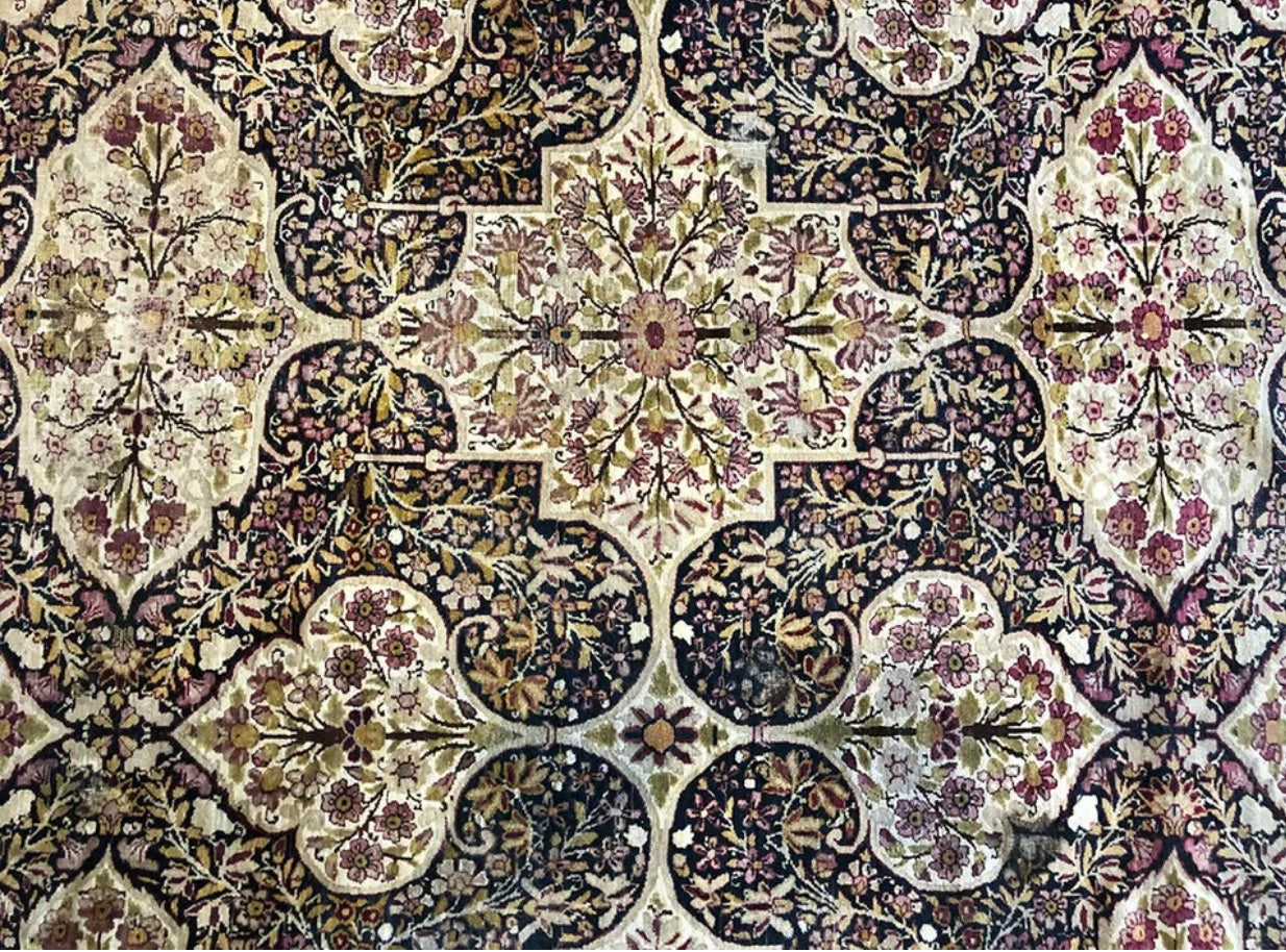 A Breathtaking Antique Black Ground Panel Design Persian Lavar Rug