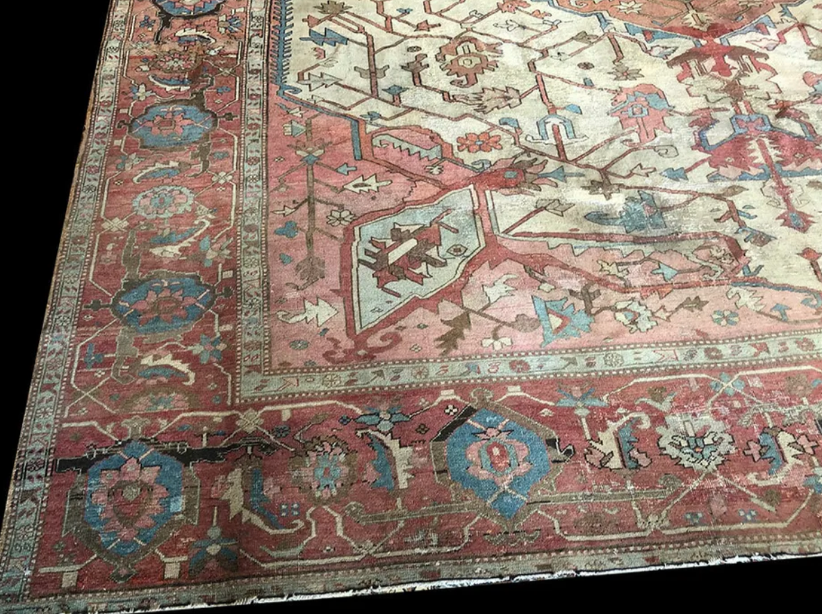 A 19th Century 12’x14’ Worn Out Look Persian Serapi Rug