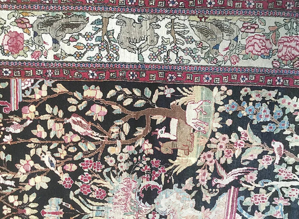 An Unpublished Black Ground Antique Persian Pictorial Isfahan Rug