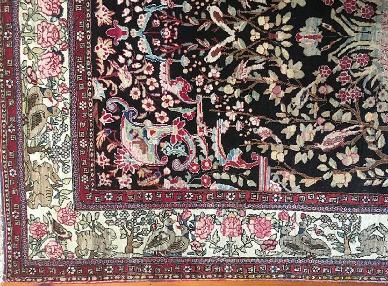 An Unpublished Black Ground Antique Persian Pictorial Isfahan Rug