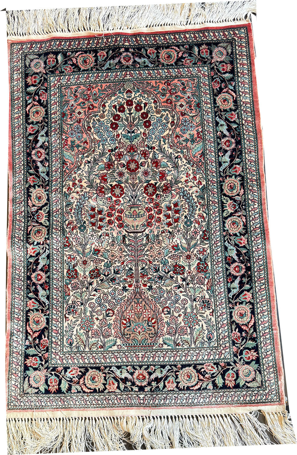A Vintage 400 KPSI Persian Qum Pattern Chinese Silk Rug