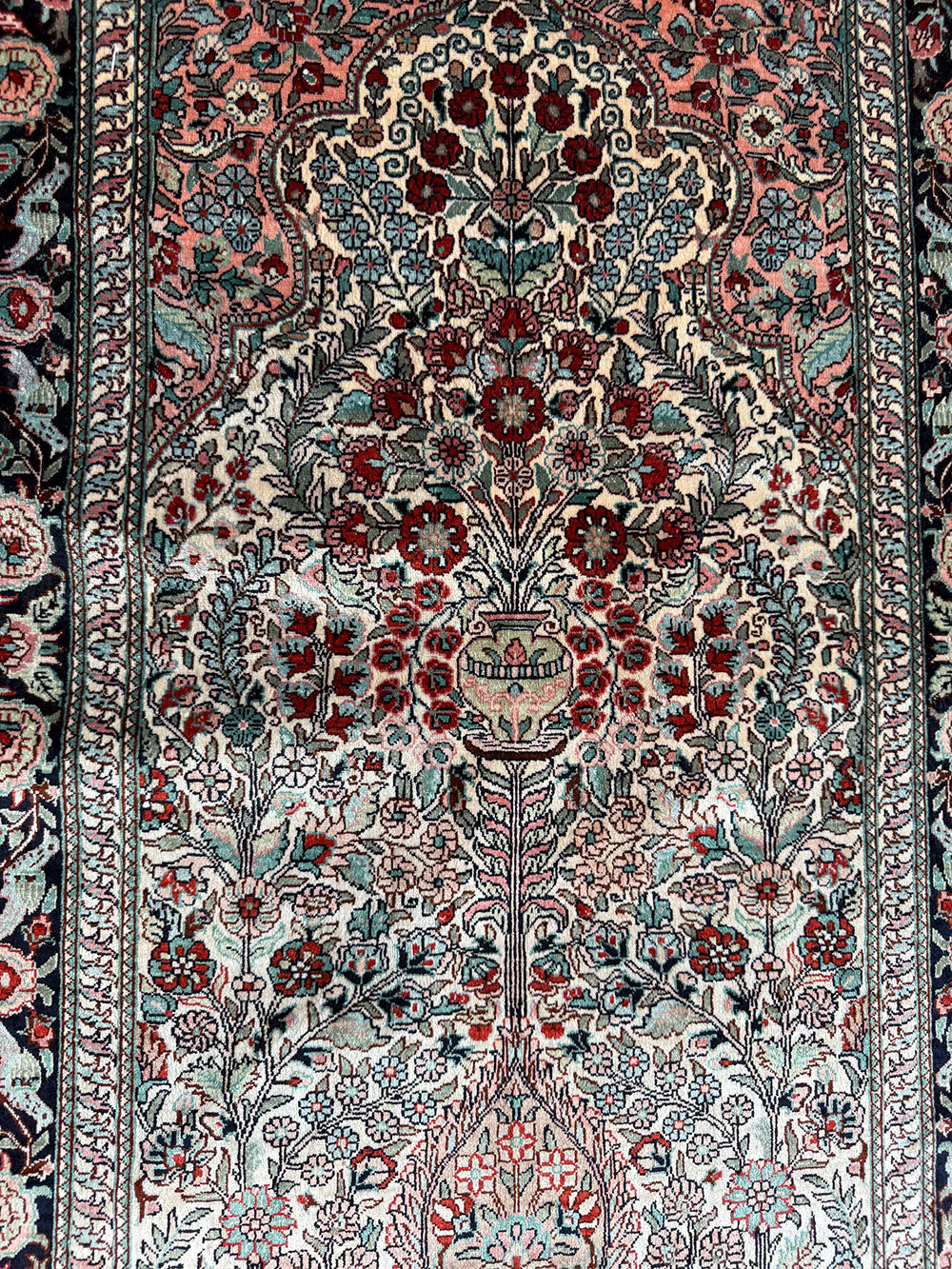 A Vintage 400 KPSI Persian Qum Pattern Chinese Silk Rug