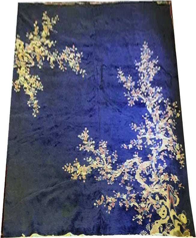 An Antique Plush 9' x 12' Blue Field Art Deco Chinese Rug