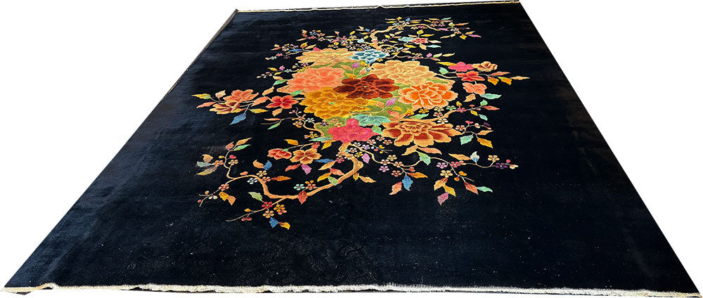 A breathtaking Antique Black Ground Chinese Art Nouveau/Art Deco Rug