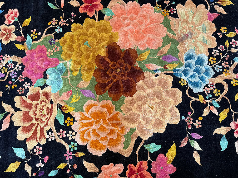 A breathtaking Antique Black Ground Chinese Art Nouveau/Art Deco Rug