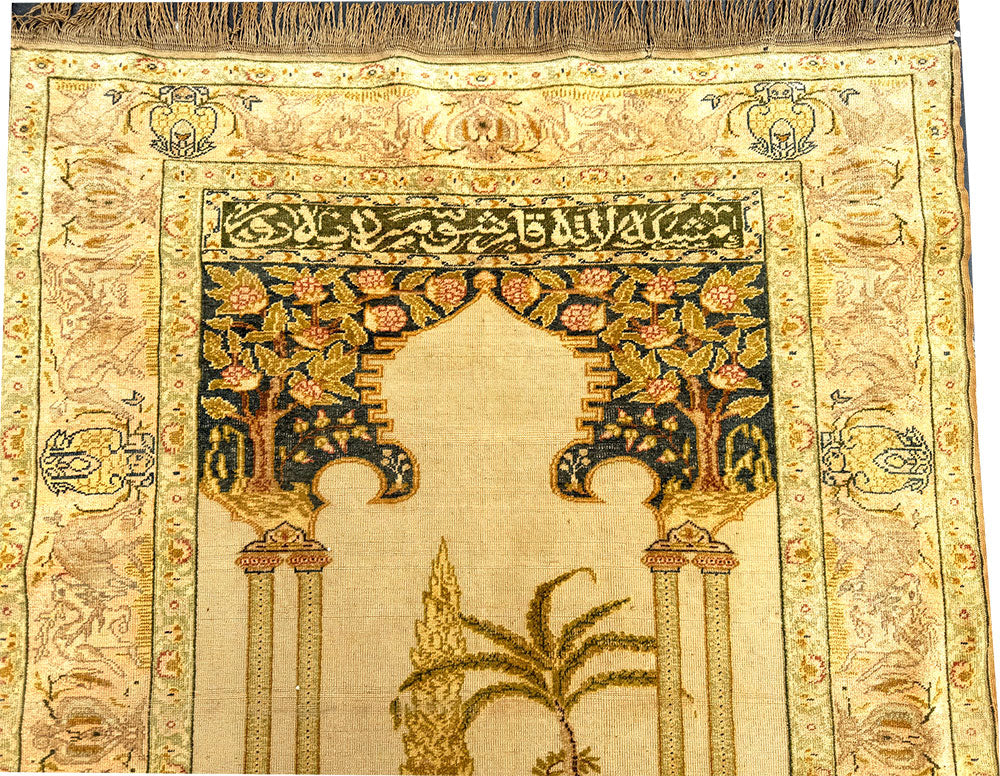 An Antqiue Turkish Keyseri Silk Prayer Rug with Script