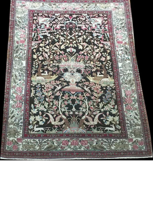 An Unpublished Black Ground Antique Persian Pictorial Isfahan Rug