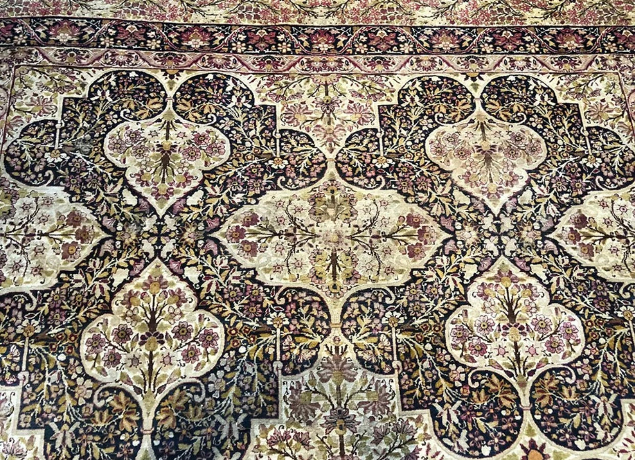 A Breathtaking Antique Black Ground Panel Design Persian Lavar Rug