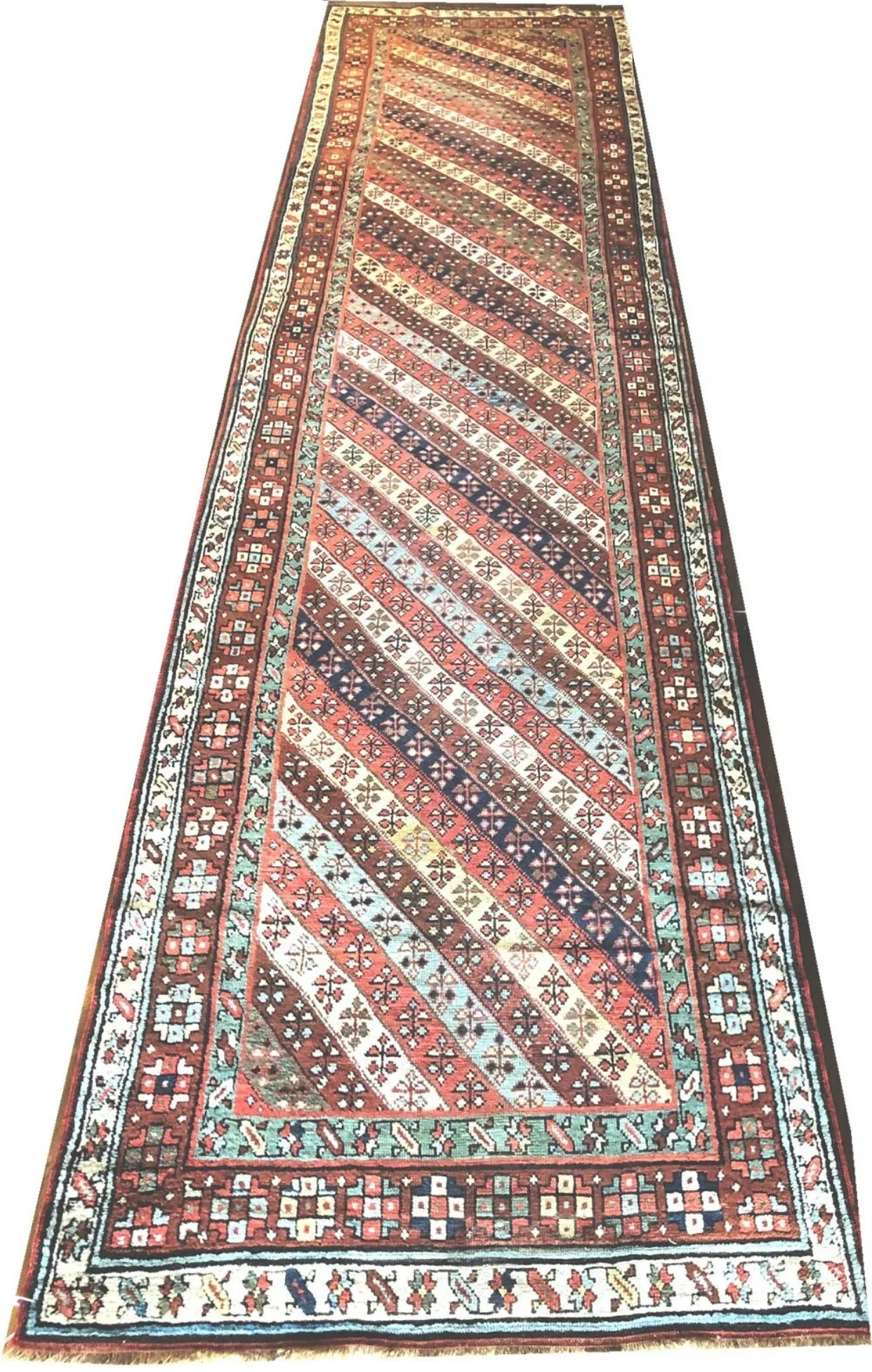 A Stunning Caucasian Gendjje 13’ Long Hallway Runner rug With. Striped Pattern”