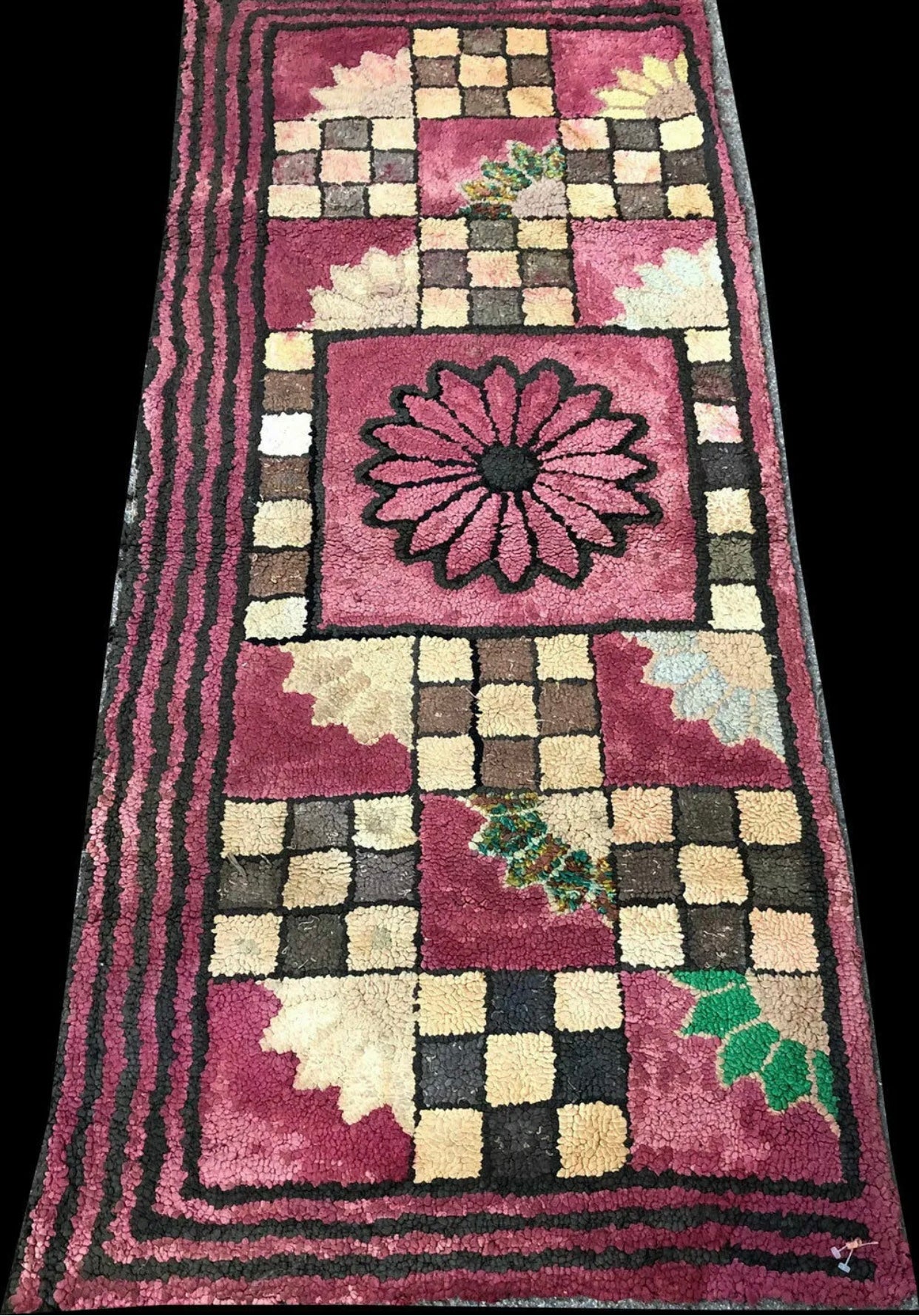 A Vintage Geometric Pattern American Hooked Rug Area Rug