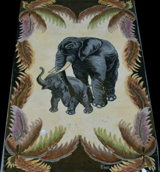 An Antique Signed Pictorial Folk Art American Hooked Rug “Elephent”