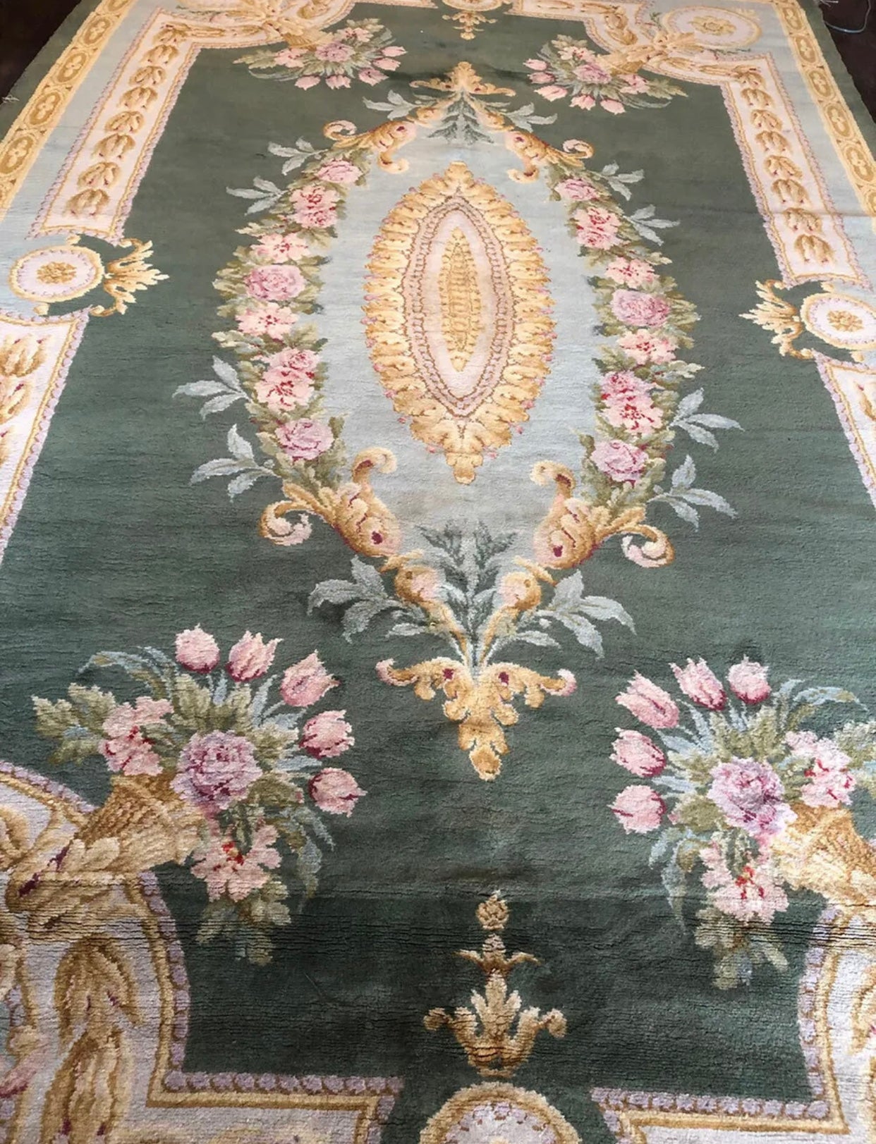 Antique 9’x 15’ English Chenille Rug with French Savannerie Design