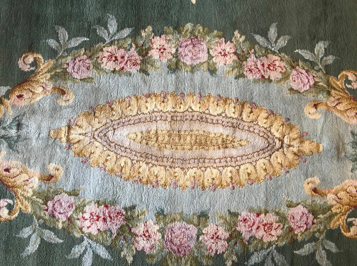 Antique 9’x 15’ English Chenille Rug with French Savannerie Design