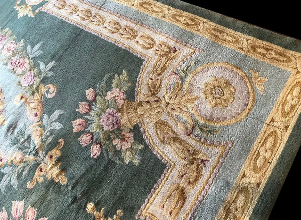 Antique 9’x 15’ English Chenille Rug with French Savannerie Design