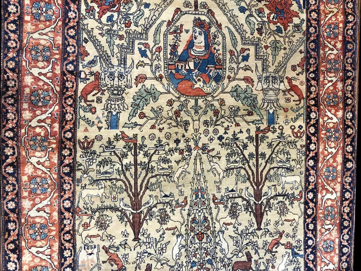 An Antique Rare Persian Pictorisl Ferahan Sarouk Rug “Queen Boran”