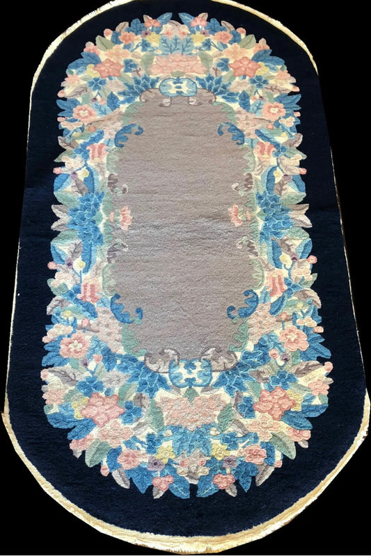 Antique 3’x6’ Oval Art Deco Chinese Rug