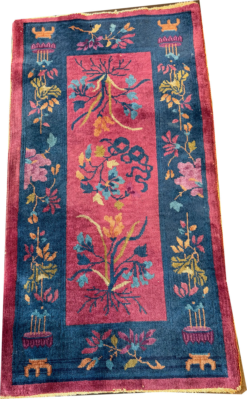Share An Antique Cute 2' x 4' Art Deco Chinese Rug Circa 1920