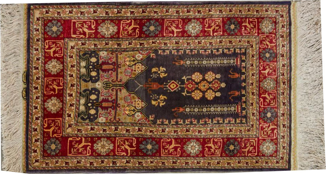 A Vintage 2' x 3' 100% Silk Turkish Signed Hereke Rug