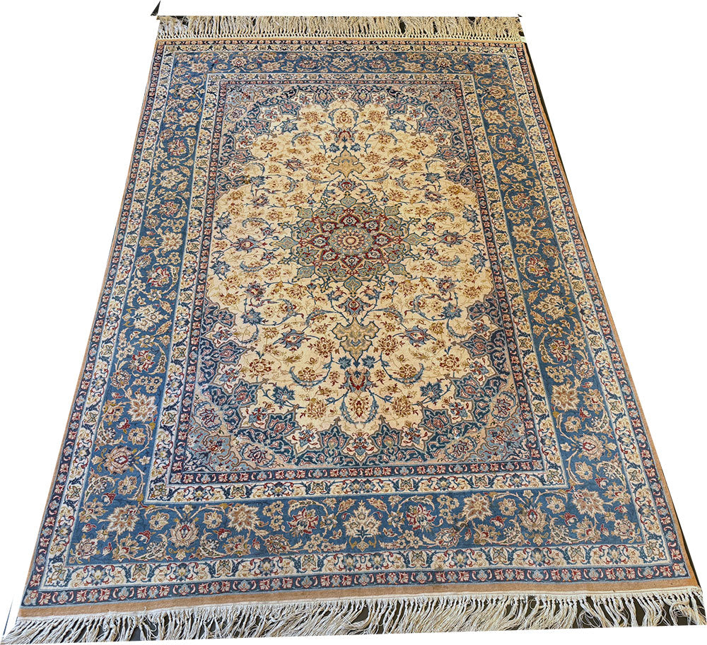 A Vintage Super Quality Silk & Wool On Silk Foundation Persian Isfahan Area Rug