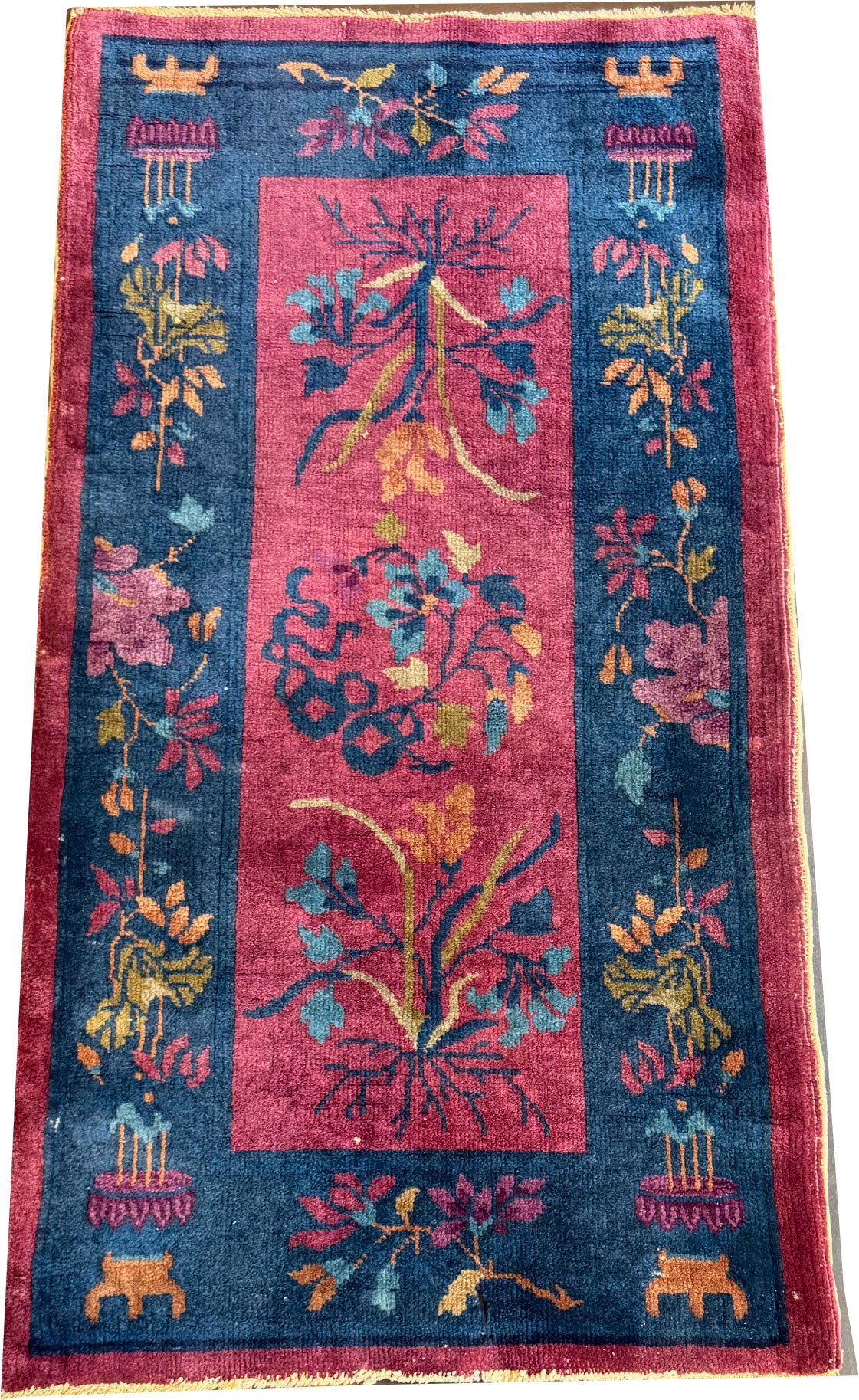 Share An Antique Cute 2' x 4' Art Deco Chinese Rug Circa 1920