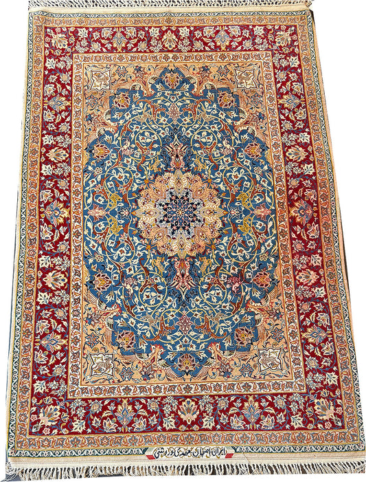 A Fabulous Vintage Silk & Wool On Silk Foundation Signed IPersian sfahaan Area Rug