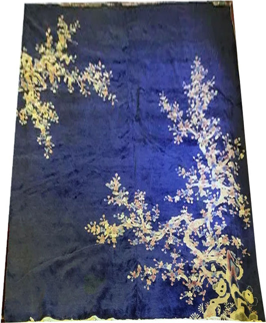 An Antique Plush 9' x 12' Blue Field Art Deco Chinese Rug