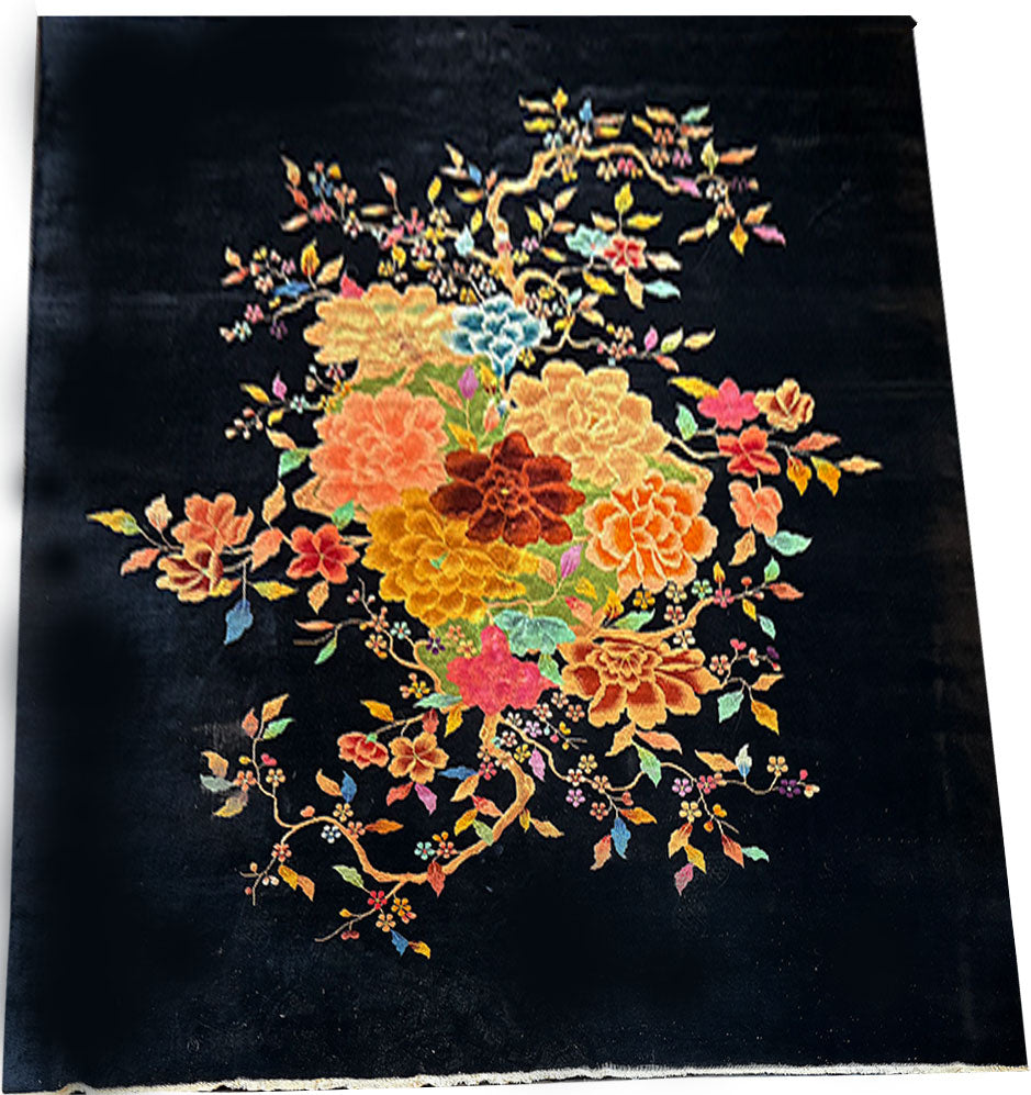 A breathtaking Antique Black Ground Chinese Art Nouveau/Art Deco Rug