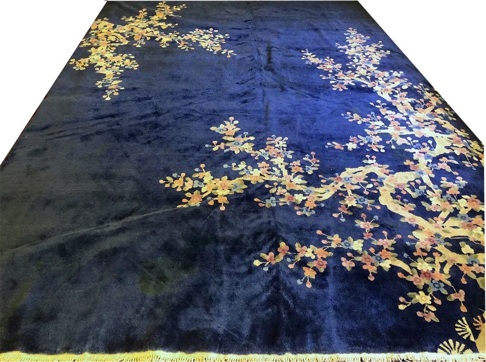 An Antique Plush 9' x 12' Blue Field Art Deco Chinese Rug