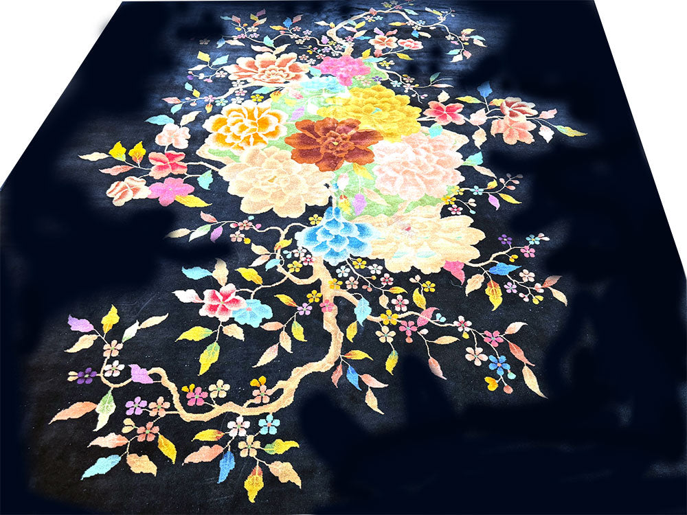 A breathtaking Antique Black Ground Chinese Art Nouveau/Art Deco Rug