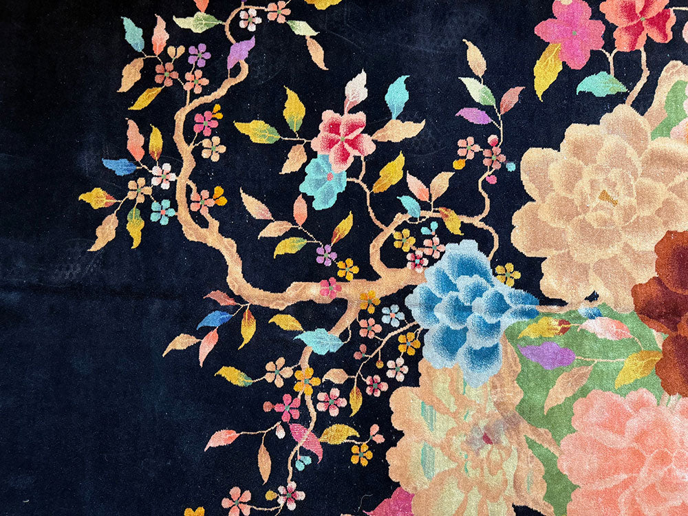 A breathtaking Antique Black Ground Chinese Art Nouveau/Art Deco Rug