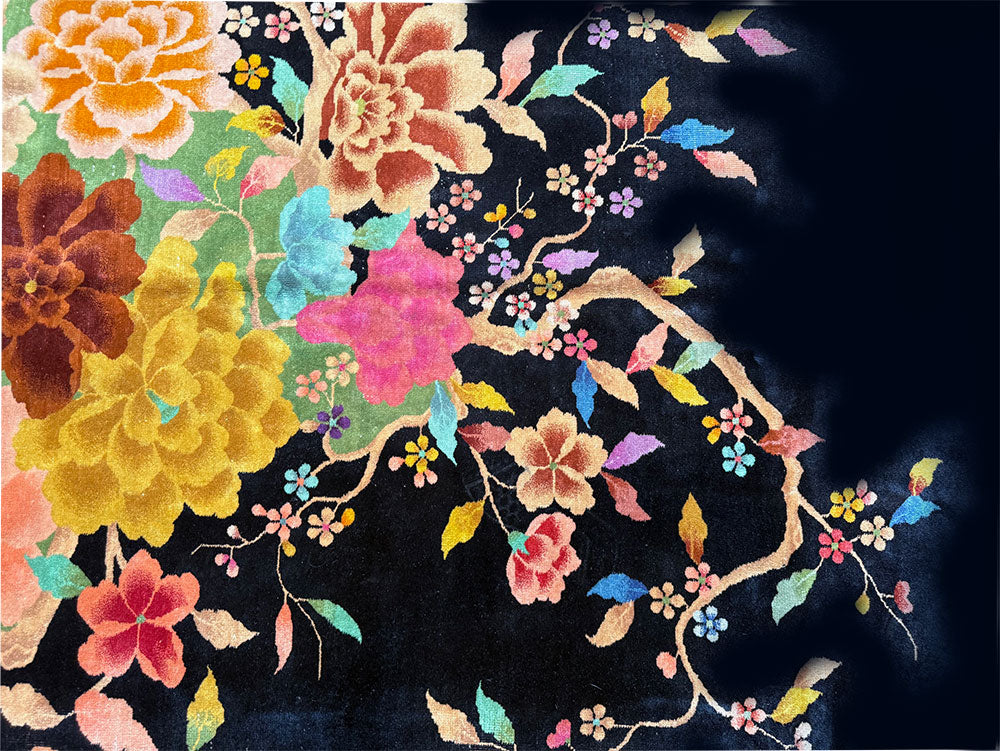 A breathtaking Antique Black Ground Chinese Art Nouveau/Art Deco Rug
