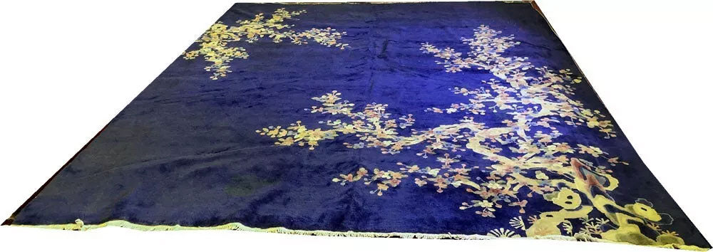 An Antique Plush 9' x 12' Blue Field Art Deco Chinese Rug