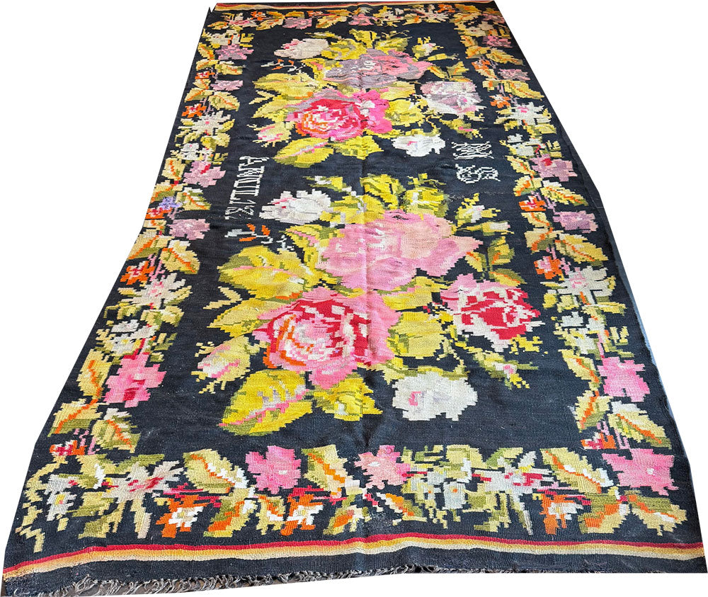 Gallery Size Signed & Dated Moldevian Bess Arabian F lat Weave Rug Circa 1930
