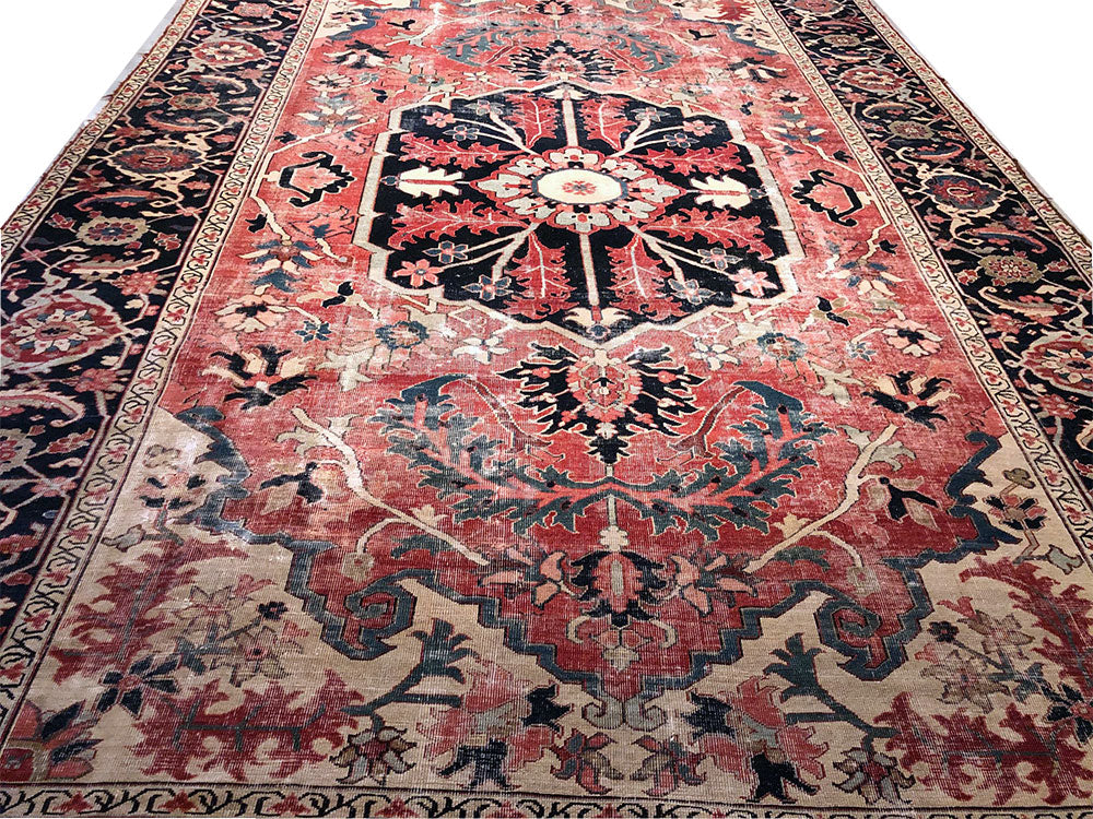 A 19th Cectury Worn Out 9' x14' Genuine  Persian Serapi Rug
