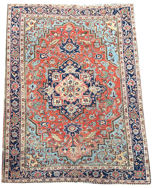 Antique 6'-6" x 9'-6" Worn Out Heriz Rug Circa 1900