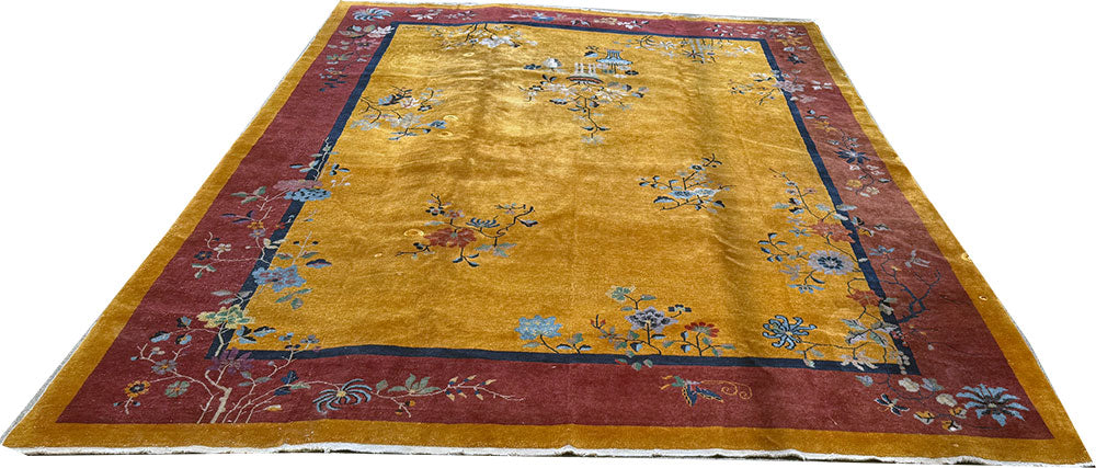 A Stunning Antique Gold Ground Chinese Art Deco Rug Circa 1920