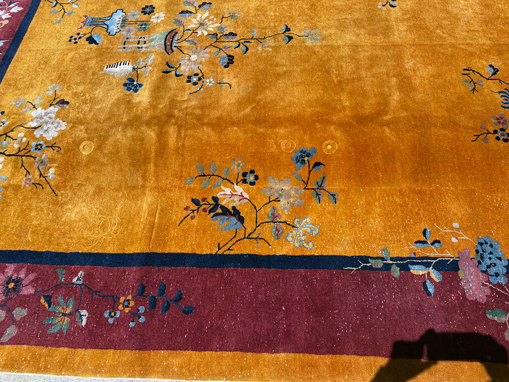 A Stunning Antique Gold Ground Chinese Art Deco Rug Circa 1920