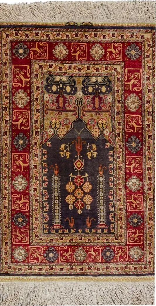 A Vintage 2' x 3' 100% Silk Turkish Signed Hereke Rug