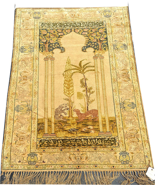 An Antqiue Turkish Keyseri Silk Prayer Rug with Script