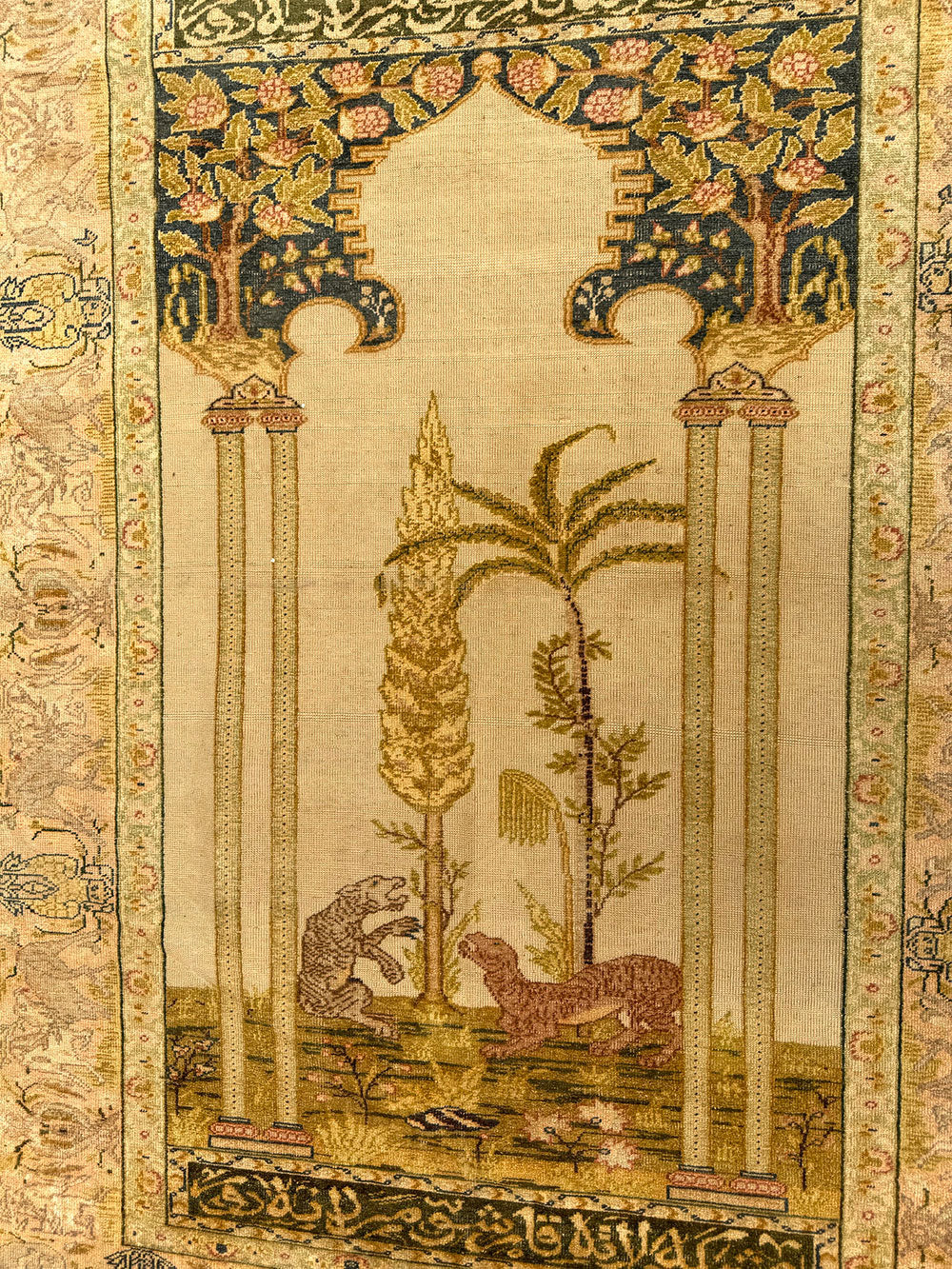 An Antqiue Turkish Keyseri Silk Prayer Rug with Script