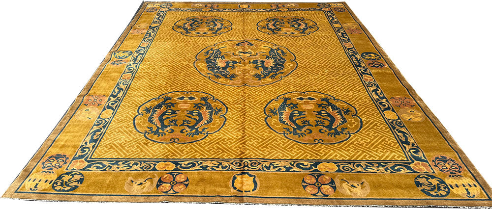 Antique 9' x 12' Gold Ningxia style Chinese Dragon Pattern Rug