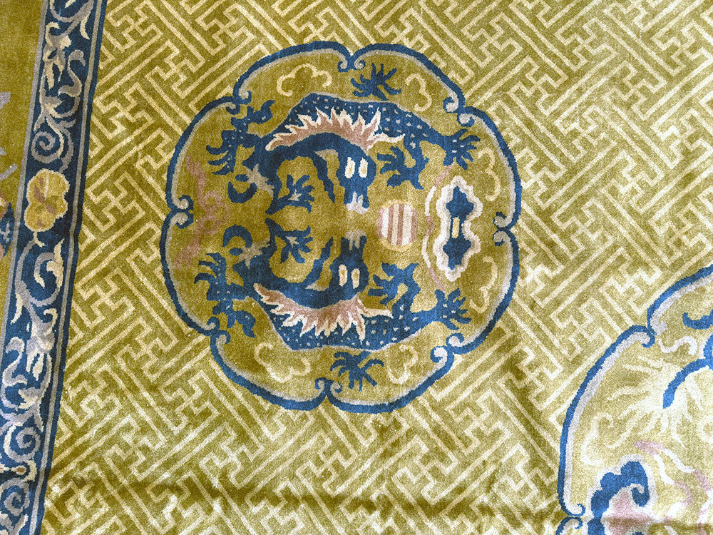 Antique 9' x 12' Gold Ningxia style Chinese Dragon Pattern Rug