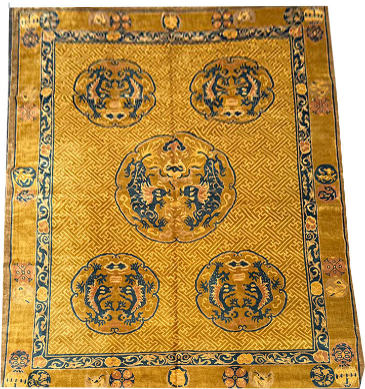 Antique 9' x 12' Gold Ningxia style Chinese Dragon Pattern Rug