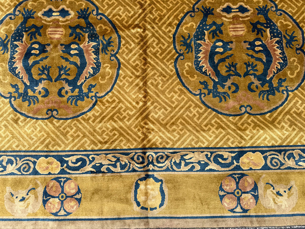 Antique 9' x 12' Gold Ningxia style Chinese Dragon Pattern Rug