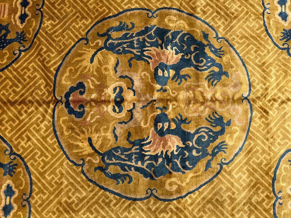 Antique 9' x 12' Gold Ningxia style Chinese Dragon Pattern Rug