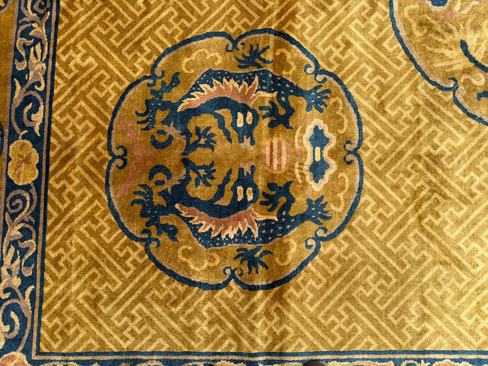 Antique 9' x 12' Gold Ningxia style Chinese Dragon Pattern Rug