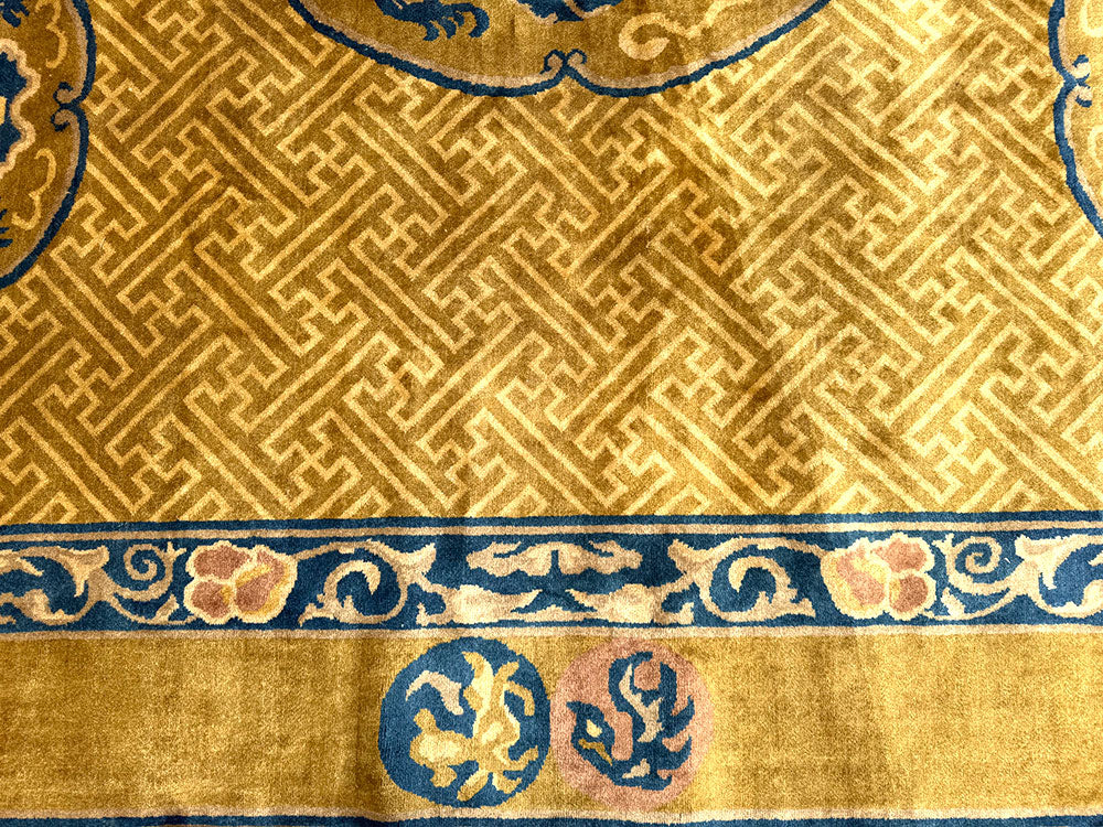 Antique 9' x 12' Gold Ningxia style Chinese Dragon Pattern Rug